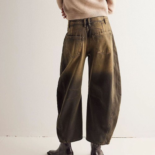 Women Wide Leg Mid Waist Jeans Cropped Mid Rise Barrel Denim Pants Loose Jeans # - Picture 10 of 28
