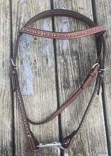 Riata brown leather Western browband headstall w/red crystals, silver spots