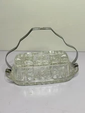 Vintage cut Clear glass butter dish with metal Carrier Handle