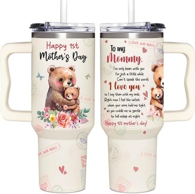 New Mom Bear 40Oz Tumbler with Handle - Perfect Gift for First-Time Mothers
