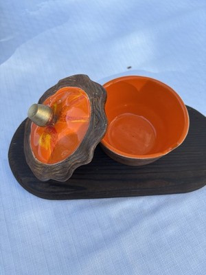 Two-Piece Candy Dish Brown Outside Brilliant Orange Drip Glaze Inside Handcraft