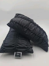 Set of 2 Black Ruffled Ruched Decorative Throw Pillows By Chic Home Design 12x18