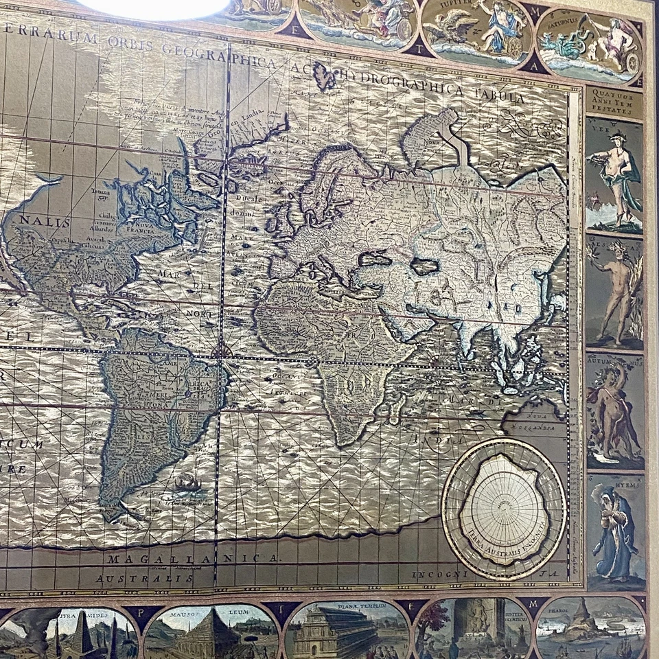 Lámina de oro vintage Moses Pitt en 1681 mapa del mundo grabado terrarum orbis enmarcado Foto 4 de 4