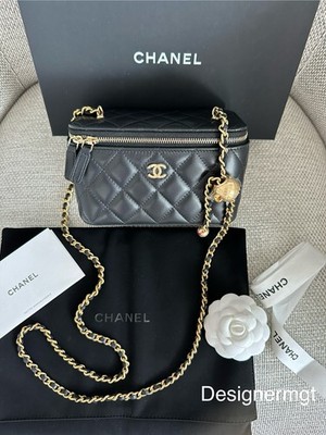 NIB 100%AUTH CHANEL Black Lambskin Pearl Crush Long Vanity Bag on