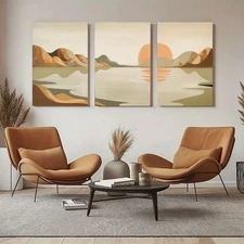 3pcs Three Landscape  sunset lake Paintings   Wall Art Canvas Framed 50x70cm