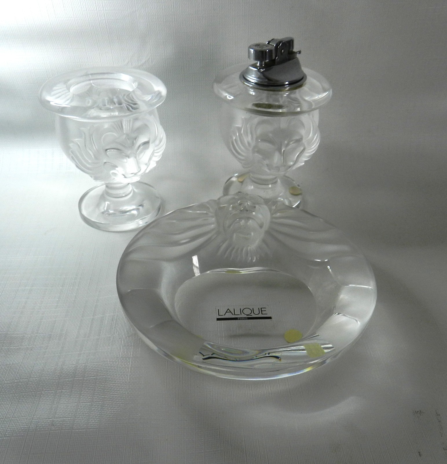 Lalique France Crystal Tete DeLion Rare 3-Piece Set Ashtray, Holder and Lighter