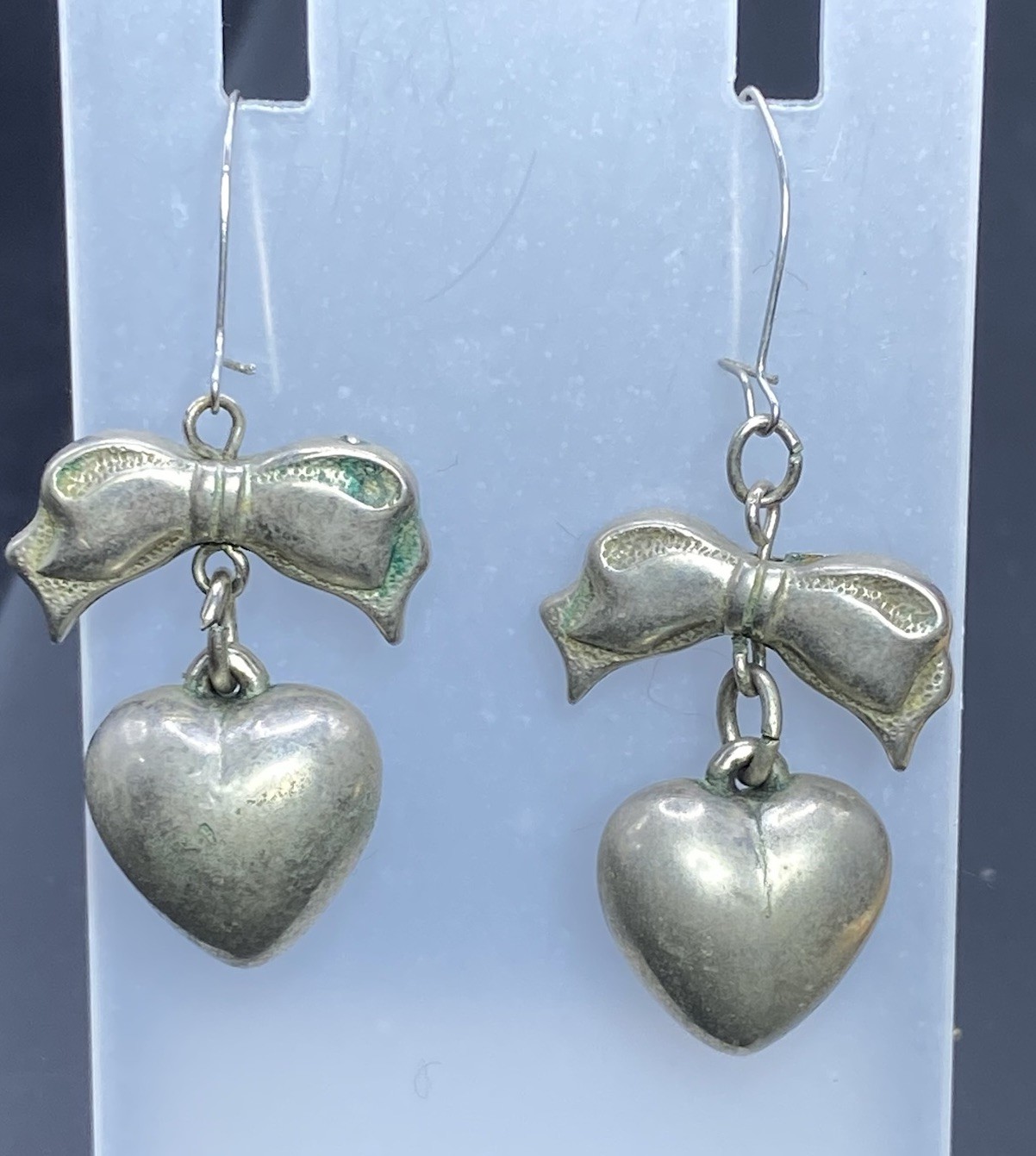 Vintage 925 Sterling Silver Puffy Heart Bow Dangle Earrings Estate As Is