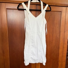 Bebe White Linen Blend Halter Bodycon V-Neck Crisscross Straps Mini Dress Size 4