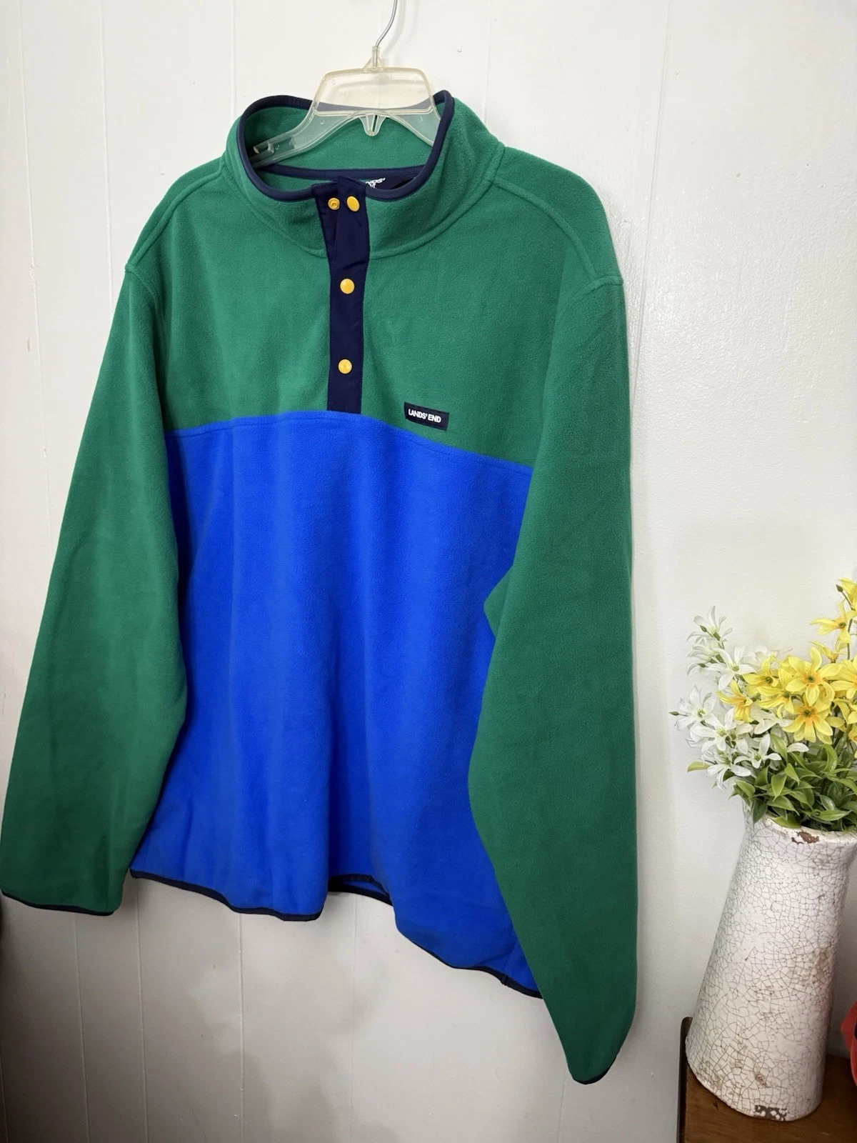 Lands End XXL Fleece Jacket Green & Blue Long Sleeve Pockets