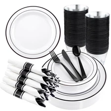 210Pcs Black Plastic Dinnerware with Pre Rolled Napkins, Include:30 Dinner Pl...