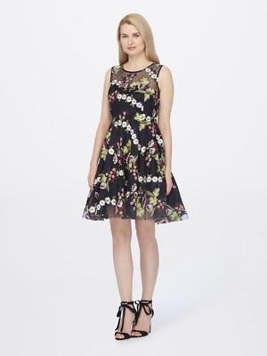 tahari embroidered fit and flare dress