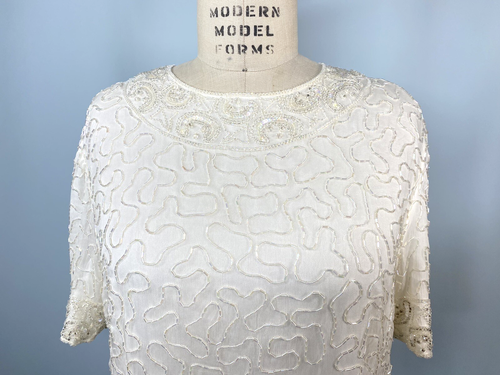 Vestido Vintage TALLA 1X plus Mujer Cuentas Blanco Vaina Seda Clásico Años 80 90 Boda - Imagen 5 de 13