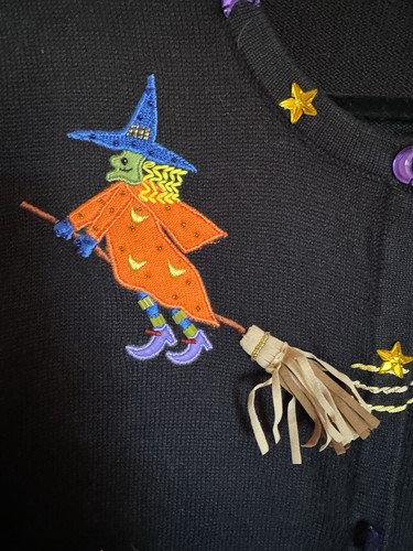 BOBBIE BELL Size LARGE Black HALLOWEEN Cardigan Sweater Embroidered Women’s - Picture 3 of 8