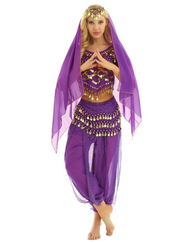 Women 4Pcs Sequin Chiffon India Belly Dance Costume Harem Fancy Dress Up Outfits - Picture 7 of 22