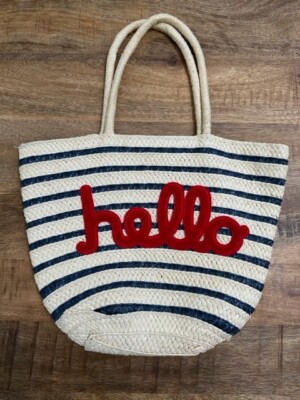 gap kids hello blue red beige Stripe Straw Tote Bag double handles beach  lined
