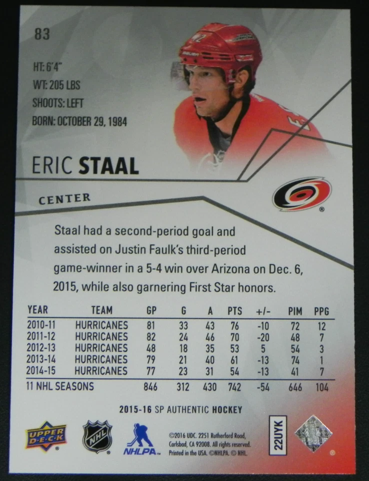 2015-16 15/16 SP Authentic #83 Eric Staal Carolina Hurricanes - Image 2 of 2