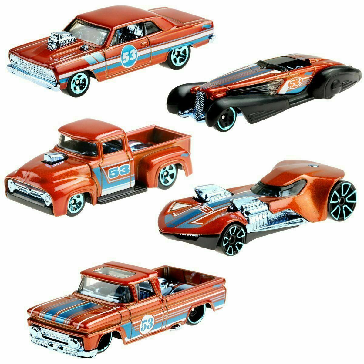 2021 Hot Wheels 53rd Anniversary Set of 5 Orange & Blue Set
