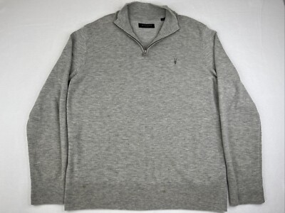 Allsaints Men's Sz XL Gray Pullover 1/4 Zip Up Wool Blend Long Sleeve Sweater