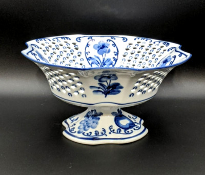 NEW - Blue and White Ceramic Pedestal Fruit Bowl - Cutwork Design - 5'' Tall