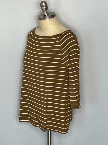 Chicos top size 1 M brown cream stripe boat neck t shirt stretch 3/4 sleeve - Picture 3 of 6
