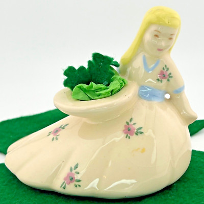 VTG MCM Ceramic Blonde Girl in dress small Planter Basket, Floral St. Patricks