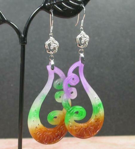 925 Sterling Silver Hook Multicolor Jade Lotus Flower Teardrop Fortune Earrings - Picture 4 of 8