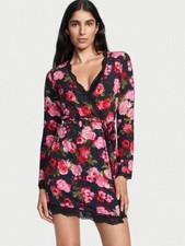 NWT Victoria's Secret XS/S,M/L ROBE BLACK RED ROSE floral MODAL lace trim