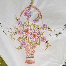 50x50 Table Cloth Vtg Embroidered Floral Flower Basket