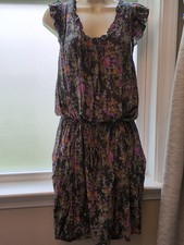 Women's Floral Print Boho Indie Dress Cap Ruffle Sleeves Waist Tie Size M
