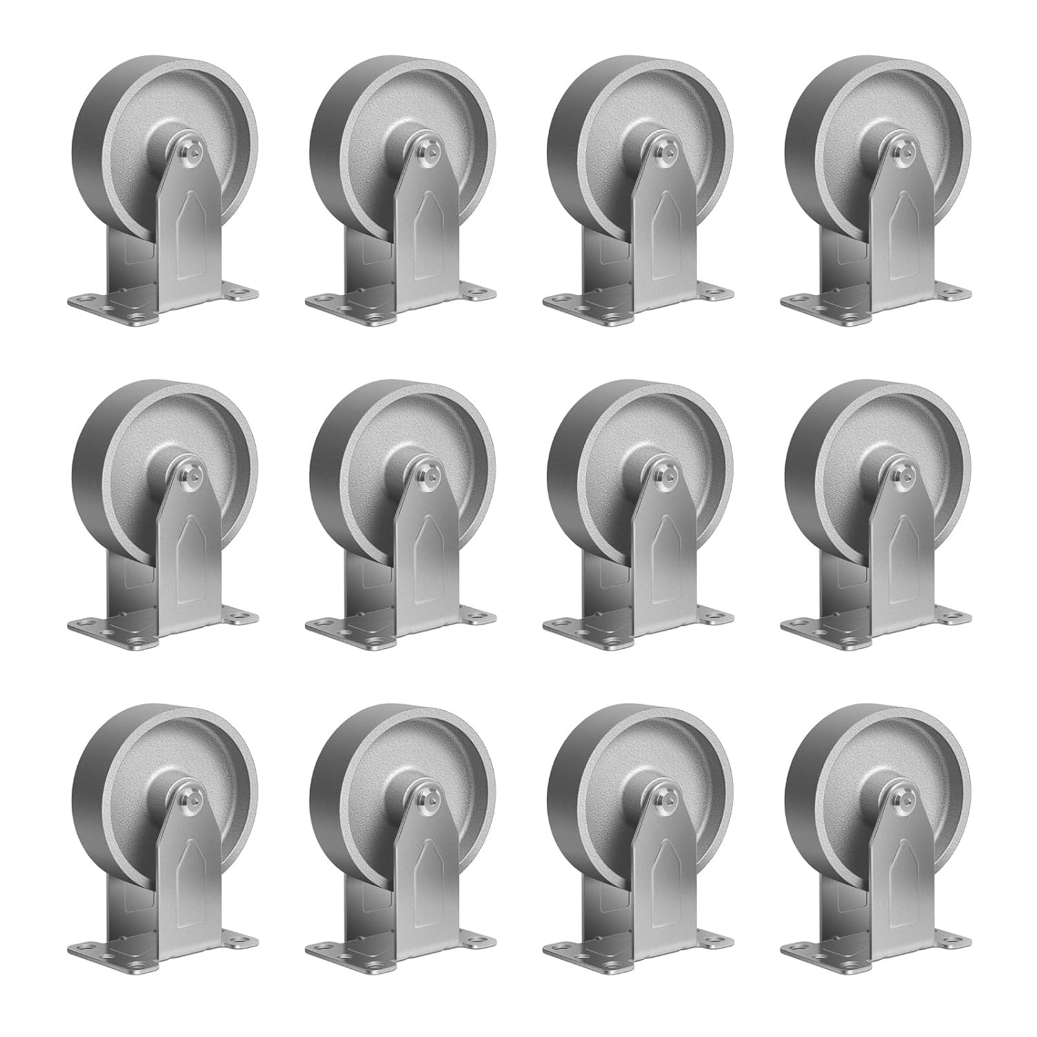 Heavy-Duty 4'' Semi Steel Cast Iron Caster Wheels - 12 Rigid Industrial Set