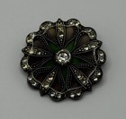 Vintage Enamel Marcasite Flower Brooch Green Brown Crystal Pin
