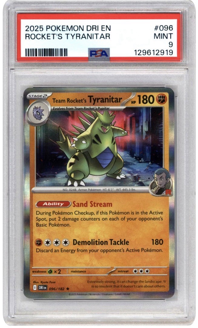 2025 Pokemon Team Rocket's Tyranitar 096/182 Sv10: Destined Rivals PSA 9