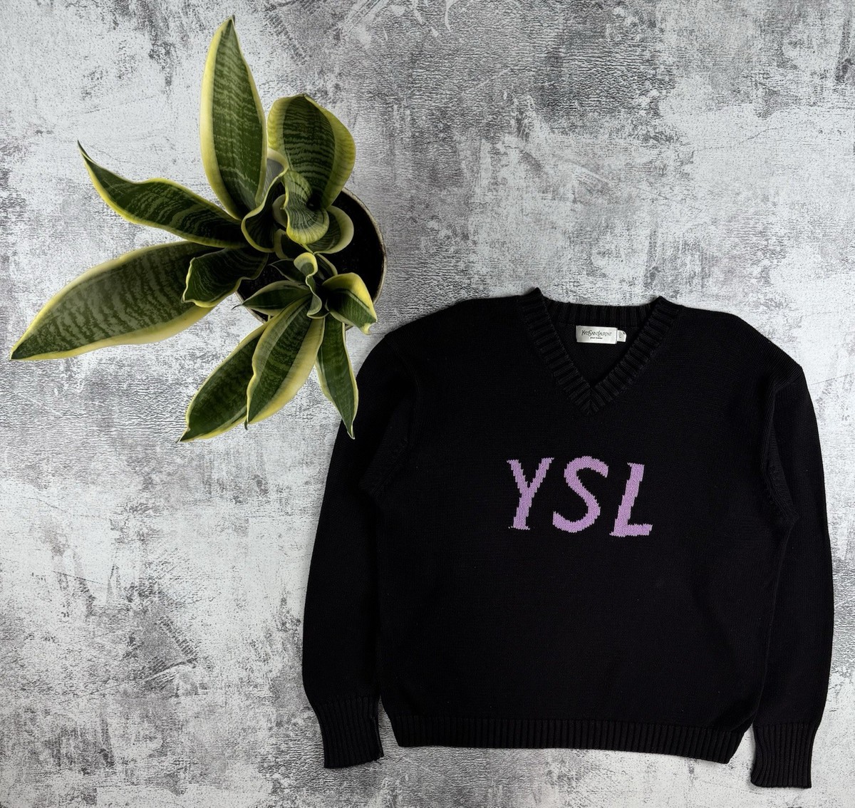 Vintage 90s Yves Saint Laurent YSL Knit Black V-Neck Sweatshirt