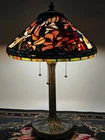 Tiffany Studio style antique table lamp, colored glass, bronze USA tax-exempt