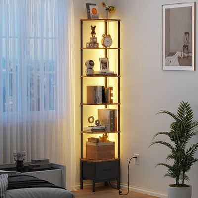 Eckregal mit Stoffschublade und LED-Licht, 6 Ebenen schmales Bücherregal - Neu