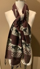 78  x27  Black Brown Woven Horse Print Scarf Wrap W Fringe