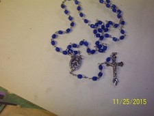 ROSARY/DARK BLUE SQUARED ROUND BEADS/METAL CHAIN AND SILVER CROSS/20 1/2"