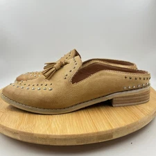 Mi.iM Adline Leather Studded Kiltie Slip-On Mules Tan Flats Women's US 6 Shoes 