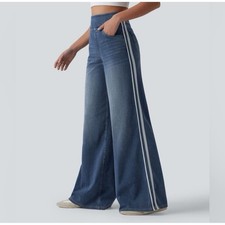 NWOT Halara Flex Women High Waisted Stripe Wide Leg Flowy Jeans XL Pockets