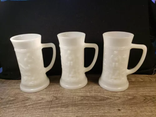 Milk Glass Vtg Beer Stein Mug Tankard Embossed Scene Federal Glass Set of 3 