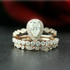 2.50 Ctw Pear Shape Moissanite Bridal 3 PCS Wedding Ring Set 14k Rose Gold Over