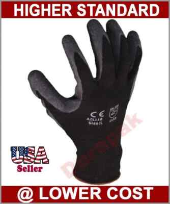 144 Pair Polyester Work Gloves Black Latex Coating S,M,L,XL Industrial Warehouse