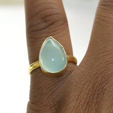 Genuine Aqua Blue Chalcedony Gemstone 14K Yellow Gold Wedding Ring Size 8