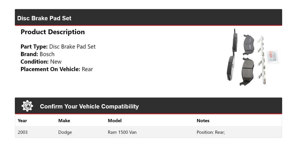 Pastillas de freno traseras semimetálicas Bosch QuietCast 2003 para Dodge Ram 1500 Van Foto 2 de 4
