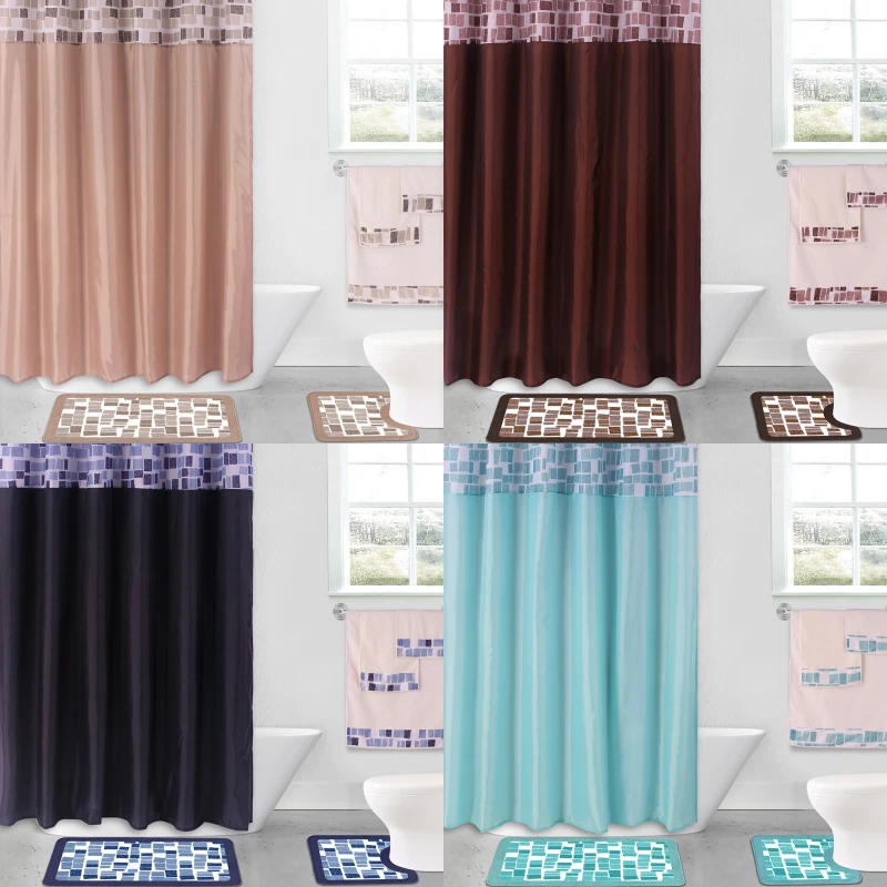 4PC SET BATHROOM BATH MAT RUG SHOWER CURTAIN 2-TONE COLOR BUTTERFLY PRINTED NEW - Imagem 2 de 2