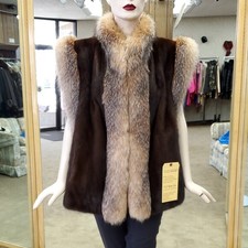 Mahogany Mink Fur 28" Vest With Crystal Fox Fur Trim- Size 14