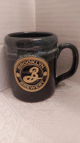 Deneen Pottery Coffee Mug Brooklyn Brewery Green Glaze Collectible Rustic Vtg