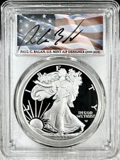 2022 S PROOF SILVER EAGLE PCGS PR70DCAM 1ST DAY ISSUE PAUL BALAN SIGNED FLAG