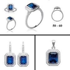Dolly-Bijoux Parure 3PC Rhodié Saphir Rectangulaire Diamant Micro-sertie Argent