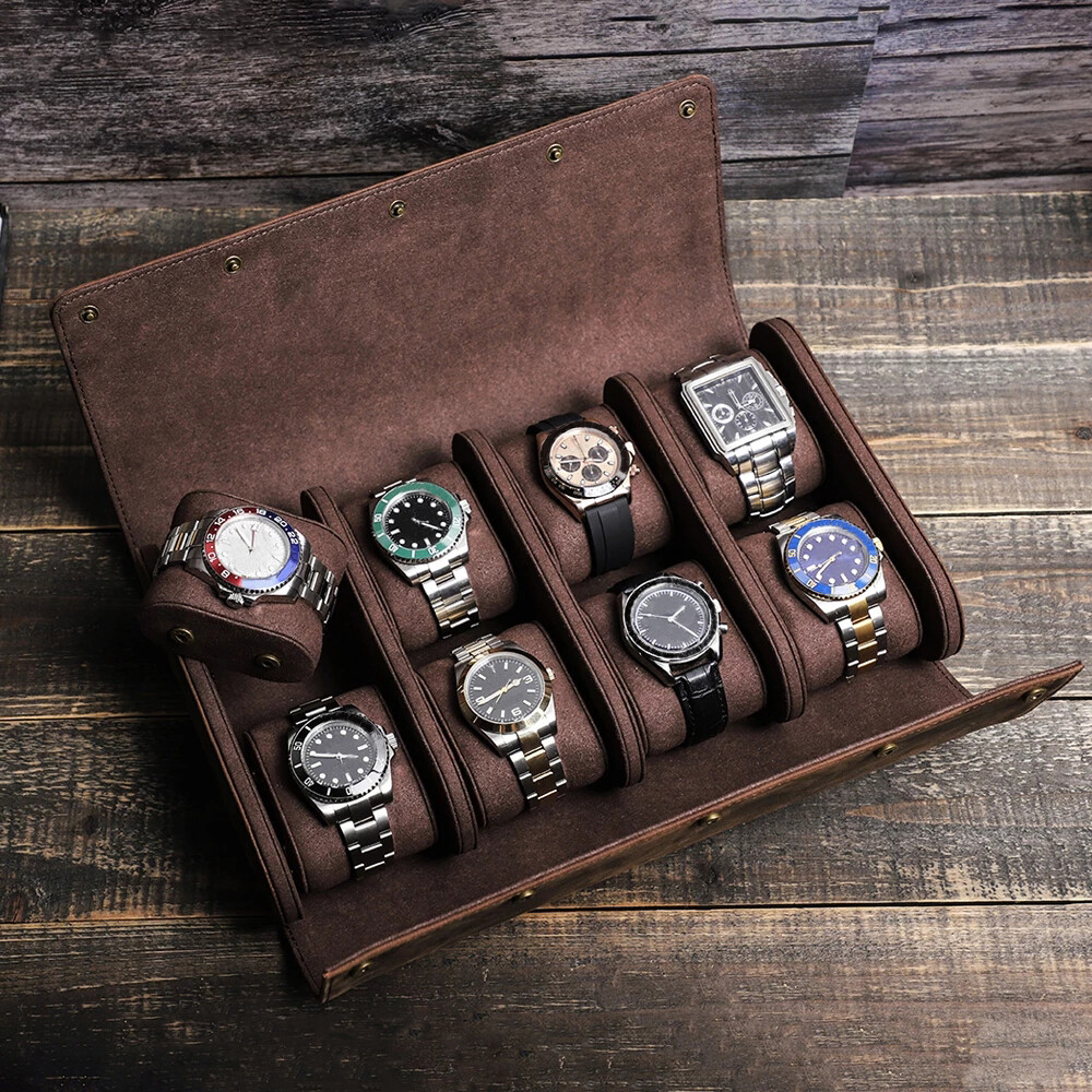 8 Slots Genuine Leather Watch Roll Box Organizer Watches Display